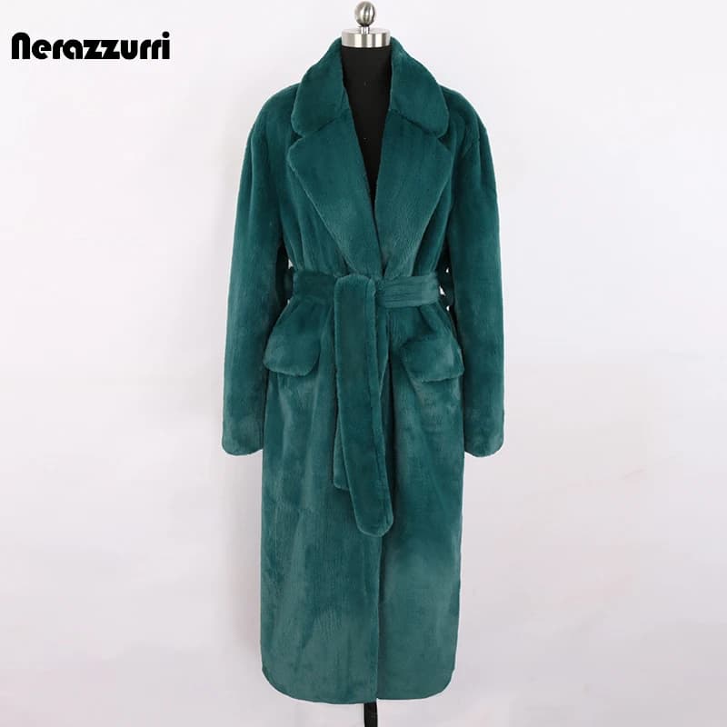 Nerazzurri Winter Long Green Warm Soft Loose Fluffy Faux Fur Coat Women Belt Lapel Elegant Luxury Designer Korean Fashion 2021