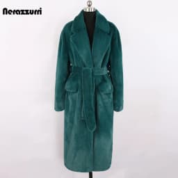 Nerazzurri Winter Long Green Warm Soft Loose Fluffy Faux Fur Coat Women Belt Lapel Elegant Luxury Designer Korean Fashion 2021