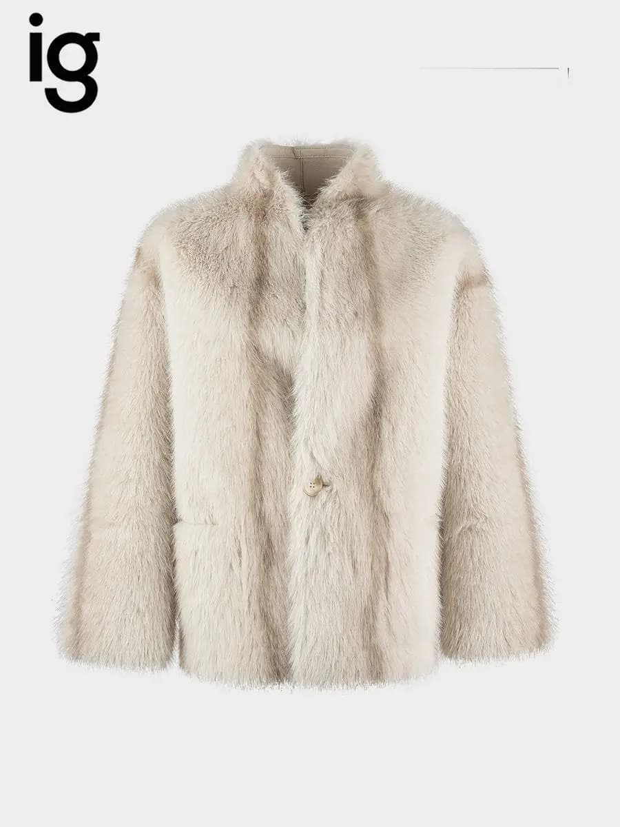IG Women Cream White Reversible Stand Collar Single Button Mid-Length Coat, Patch Pockets, Winter Warm Elegant Casual Commute