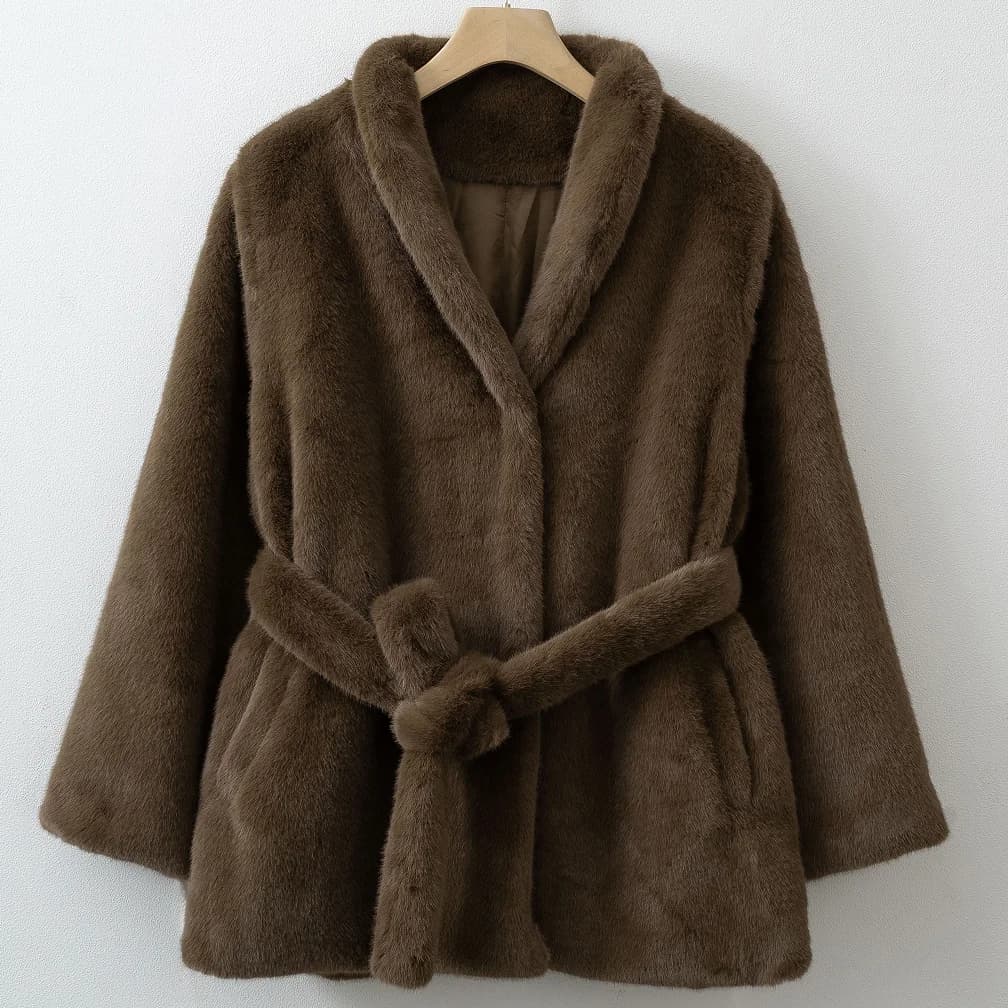 Women Shawl Collar Faux Fur Coat, Single‑Breasted Warm Fluffy Plush Jacket with Waist Belt, Elegant Autumn Winter Outerwear