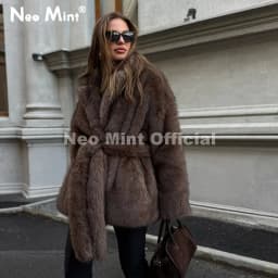 Neo Mint Winter 2026 New Stylish Mocha Brown Belted Wrap Fur Coat Women Street Fashion Girls Fluffy Faux Fox Fur Jacket Overcoat