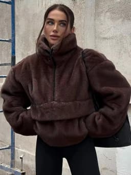 Aynaray 2026 Autumn Winter Women Faux Fur Sweatshirt Solid Brown Warm Oversized Pullover Long Sleeve Plush Fluffy Outwear Women