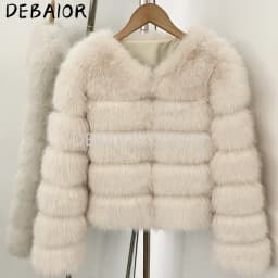 DEABRIOR Women Fake Fur Cropped Jacket V-Neck Long Sleeve Faux Fur Coat New Luxury Winter Warm Fluffy Short Outerwear Female