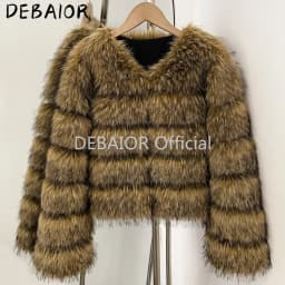 DEABRIOR Women Fake Fur Cropped Jacket V-Neck Long Sleeve Faux Fur Coat New Luxury Winter Warm Fluffy Short Outerwear Female