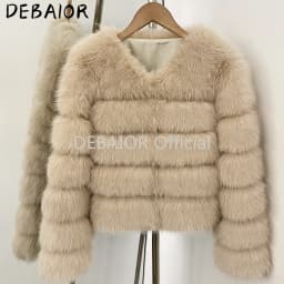 DEABRIOR Women Fake Fur Cropped Jacket V-Neck Long Sleeve Faux Fur Coat New Luxury Winter Warm Fluffy Short Outerwear Female