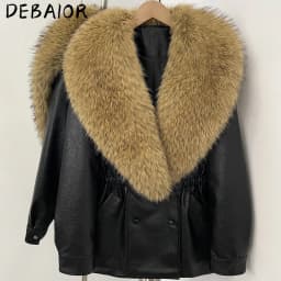 DEBAIOR Women Faux Leather Jacket with Faux Fur Collar New Luxury Winter Warm Thick Outerwear Drawstring Waist Casual Short Coat