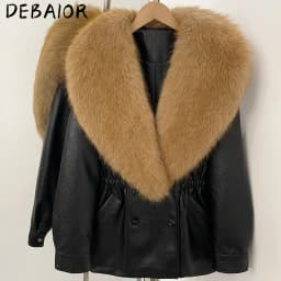 DEBAIOR Women Faux Leather Jacket with Faux Fur Collar New Luxury Winter Warm Thick Outerwear Drawstring Waist Casual Short Coat