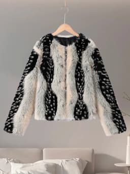 Print Faux Fur Jackets Women Loose O Neck Long Sleeves Fluffy Warm Parka Female 2025 Winter New Chic Fashion Street Outwears