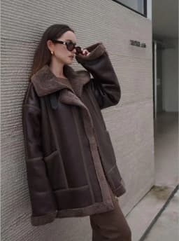 Women Faux Leather Faux Fur Shearling Jacket, Thick Warm Autumn Winter Vintage Outerwear