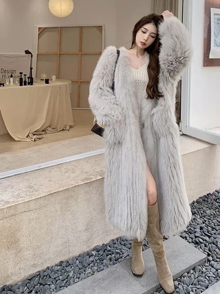 Eco-Friendly Long Fur Coat Women's Winter Fashionable Young Style High-End Brand Warm Windproof Color Loose Fit