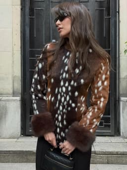 HH Vintage Deer Print Faux Fur Jacket Women Stand Collar Long Sleeve Slim Buttons Coat 2026 Winter Female Street Warm Outerwear
