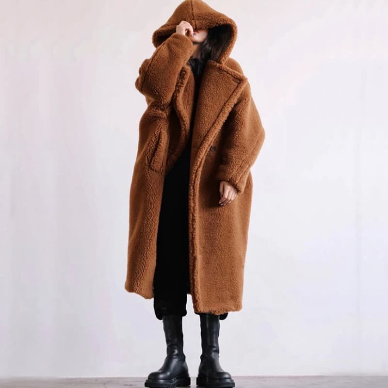 Women Lamb Wool Coats Faux Fur Hooded Long Maxi Coat Turn Down Collar Work Open Stitch Elegant Warm Thick Autumn Winter