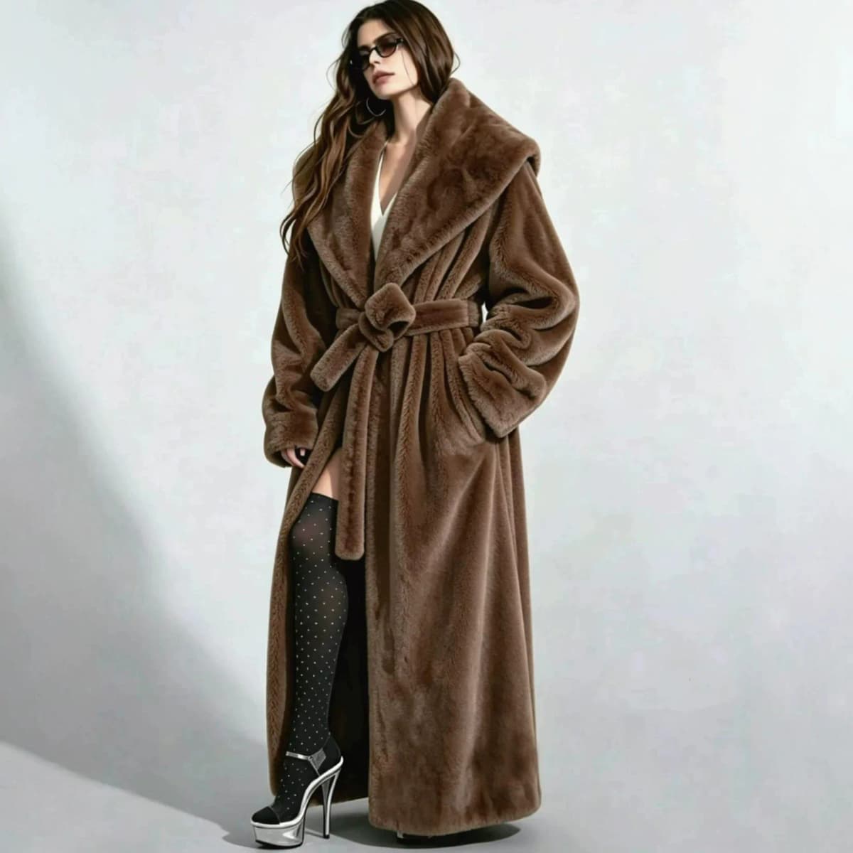 Long Coats Women Faux Fur Jackets Turn Down Collar Coat Thick Warm Y2k Streetwear Jacket Work Lace Up Tight Waist Autumn Winter