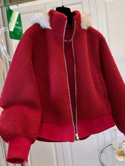 Cute Red Faux Lamb Coat Women Loose Sweet Fashion Winter Warm Kawaii Jackets Casual Long Sleeve Female Hooded Zipper Outwear Top
