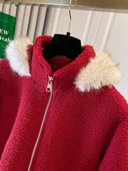 Cute Red Faux Lamb Coat Women Loose Sweet Fashion Winter Warm Kawaii Jackets Casual Long Sleeve Female Hooded Zipper Outwear Top