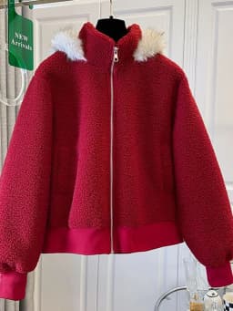 Cute Red Faux Lamb Coat Women Loose Sweet Fashion Winter Warm Kawaii Jackets Casual Long Sleeve Female Hooded Zipper Outwear Top