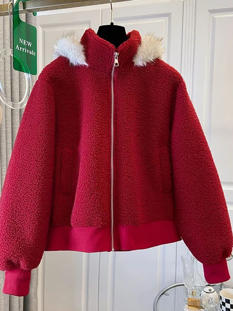 Cute Red Faux Lamb Coat Women Loose Sweet Fashion Winter Warm Kawaii Jackets Casual Long Sleeve Female Hooded Zipper Outwear Top