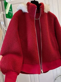 Cute Red Faux Lamb Coat Women Loose Sweet Fashion Winter Warm Kawaii Jackets Casual Long Sleeve Female Hooded Zipper Outwear Top