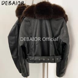 DEBAIOR Women Cropped Faux Leather Jacket with Faux Fur Collar Luxury Winter Warm Biker Coat Female New Belted Short Outerwear