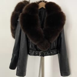 DEBAIOR Women Cropped Faux Leather Jacket with Faux Fur Collar Luxury Winter Warm Biker Coat Female New Belted Short Outerwear