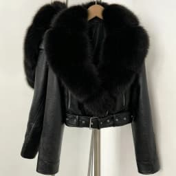 DEBAIOR Women Cropped Faux Leather Jacket with Faux Fur Collar Luxury Winter Warm Biker Coat Female New Belted Short Outerwear