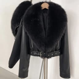 DEBAIOR Women Cropped Faux Leather Jacket with Faux Fur Collar Luxury Winter Warm Biker Coat Female New Belted Short Outerwear