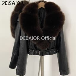 DEBAIOR Women Cropped Faux Leather Jacket with Faux Fur Collar Luxury Winter Warm Biker Coat Female New Belted Short Outerwear
