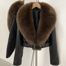 DEBAIOR Women Cropped Faux Leather Jacket with Faux Fur Collar Luxury Winter Warm Biker Coat Female New Belted Short Outerwear