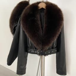DEBAIOR Women Cropped Faux Leather Jacket with Faux Fur Collar Luxury Winter Warm Biker Coat Female New Belted Short Outerwear