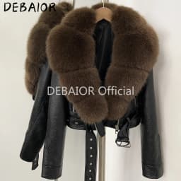 DEBAIOR Women Cropped Faux Leather Jacket with Faux Fur Collar Luxury Winter Warm Biker Coat Female New Belted Short Outerwear
