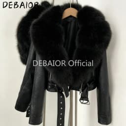 DEBAIOR Women Cropped Faux Leather Jacket with Faux Fur Collar Luxury Winter Warm Biker Coat Female New Belted Short Outerwear