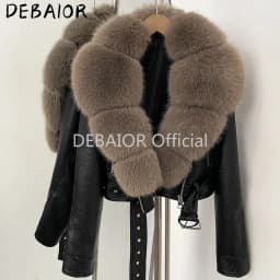 DEBAIOR Women Cropped Faux Leather Jacket with Faux Fur Collar Luxury Winter Warm Biker Coat Female New Belted Short Outerwear