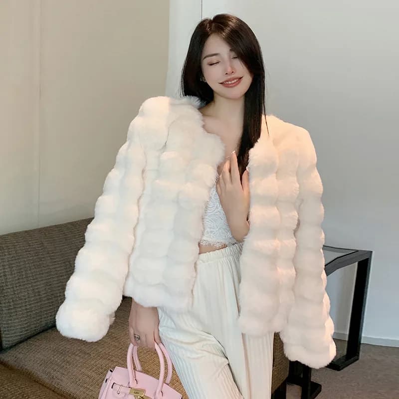 Fashion Round Neck Faux Mink Fur Coat Women Autumn Winter Warm Fluffy Cropped Outerwear Woman Elegant Party Wear Plush Jacket