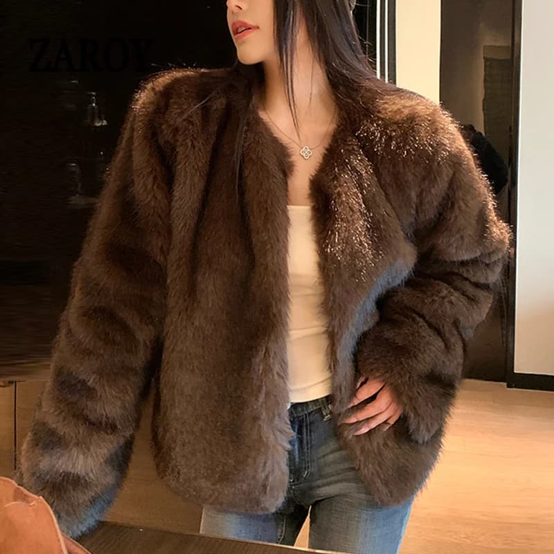 ZAROY 2027 Winter Faux Fox Fur Coat Chic Women Brown Luxury Fluffy Soft Warm Fur Jacket Fashion Colarless Cardigan Fur Outerwer