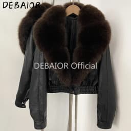 DEBAIOR Women Faux Leather Short Jacket with Faux Fur Collar Luxury Winter Warm Cropped Coat New Long Sleeve Casual Outerwear
