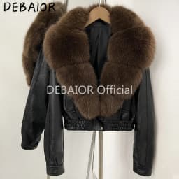 DEBAIOR Women Faux Leather Short Jacket with Faux Fur Collar Luxury Winter Warm Cropped Coat New Long Sleeve Casual Outerwear