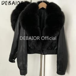 DEBAIOR Women Faux Leather Short Jacket with Faux Fur Collar Luxury Winter Warm Cropped Coat New Long Sleeve Casual Outerwear