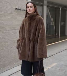 Oversized Women Faux Mink Fur Coat, Stand Collar Mid‑Length Warm Plush Autumn Winter Outerwear With Drawstring Waist