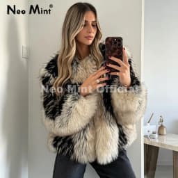 Neo Mint Luxury Brand Design Striped Patchwork Fur Jacket Women Winter Fluffy Faux Fox Fur Coats Chic Girls Thick Warm Outerwear