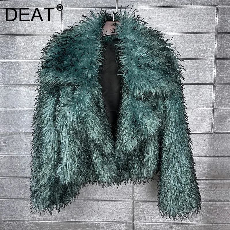 DEAT 2026 Winter Winter New Fashion Imitation Beach Wool Printed Tie Dyed Faux Fur Coat For Women Loose Lapel Jacket 11A07447