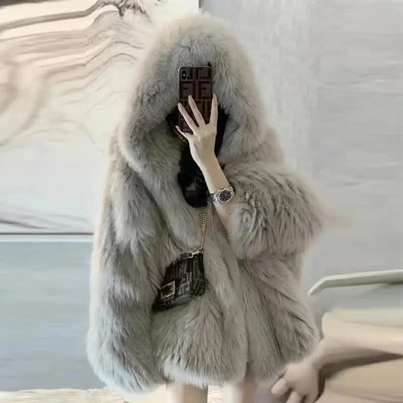 winter 2024 new Korean version of fox fur imitation fur coat women's medium length Internet red fried street hooded fur coat