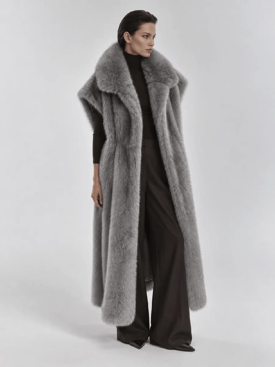 Women's Long Fluffy Faux Fur Vest Lapel Collar Sleeveless Oversized Winter Warm Elegant Luxe Chic Outerwear