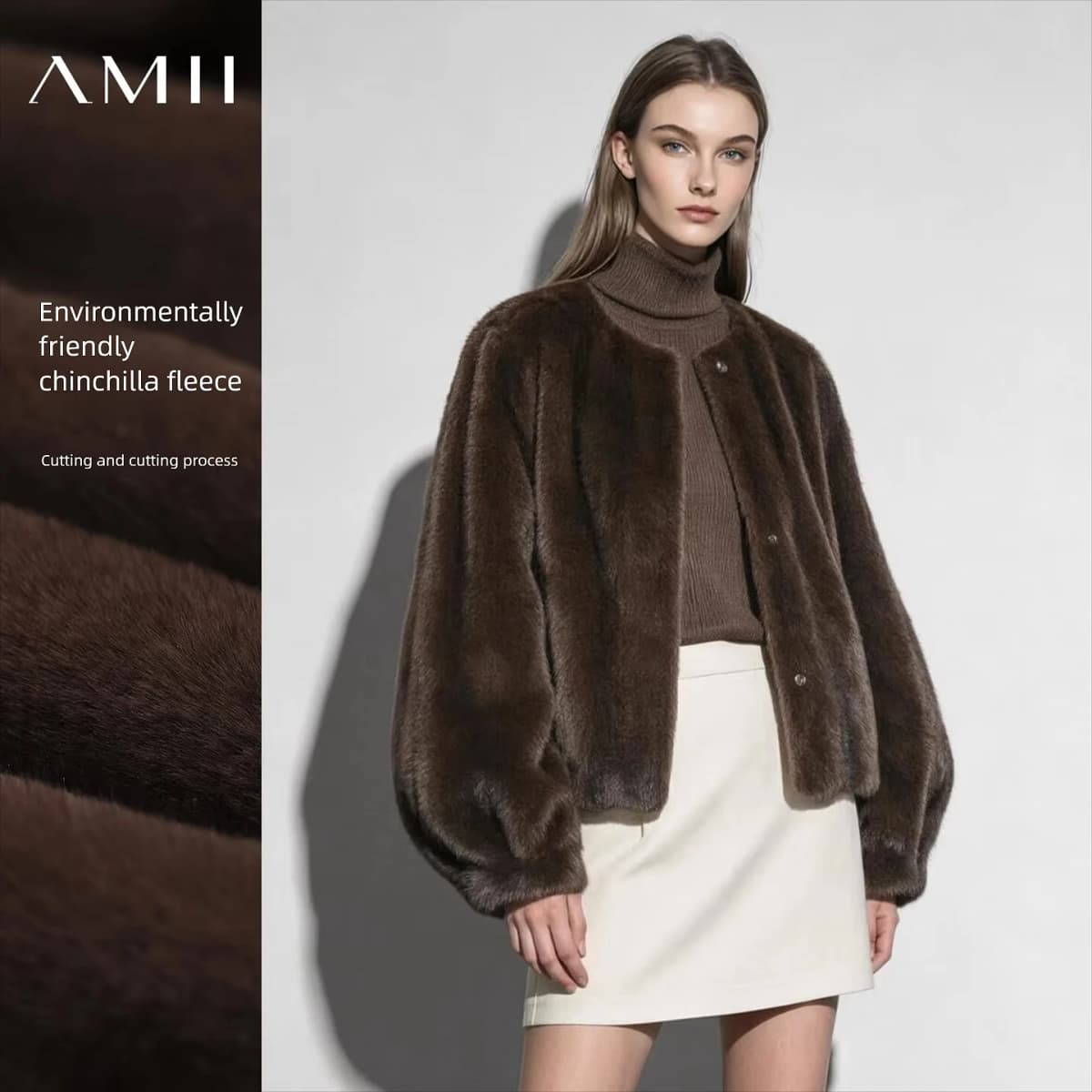 Amii Crew Neck Faux Fur Coat Lantern Sleeve Loose Fit Warm Light Luxury Minimalist 2026 Winter Women's Fur Coat 12624109