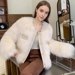 Elegant Round Neck Faux Fur Coats for Women Autumn Winter 2026 Fluffy Warm Cropped Jackets Female Gold Button Plush Outerwear