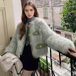 Elegant Round Neck Faux Fur Coats for Women Autumn Winter 2026 Fluffy Warm Cropped Jackets Female Gold Button Plush Outerwear