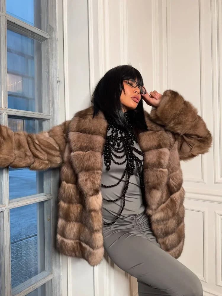 Fashion Patchwork Faux Fur Coat Women Casual Full Sleeve Lapel Loose Long Staple Plush Jacket 2025 New Winter Street Wear New