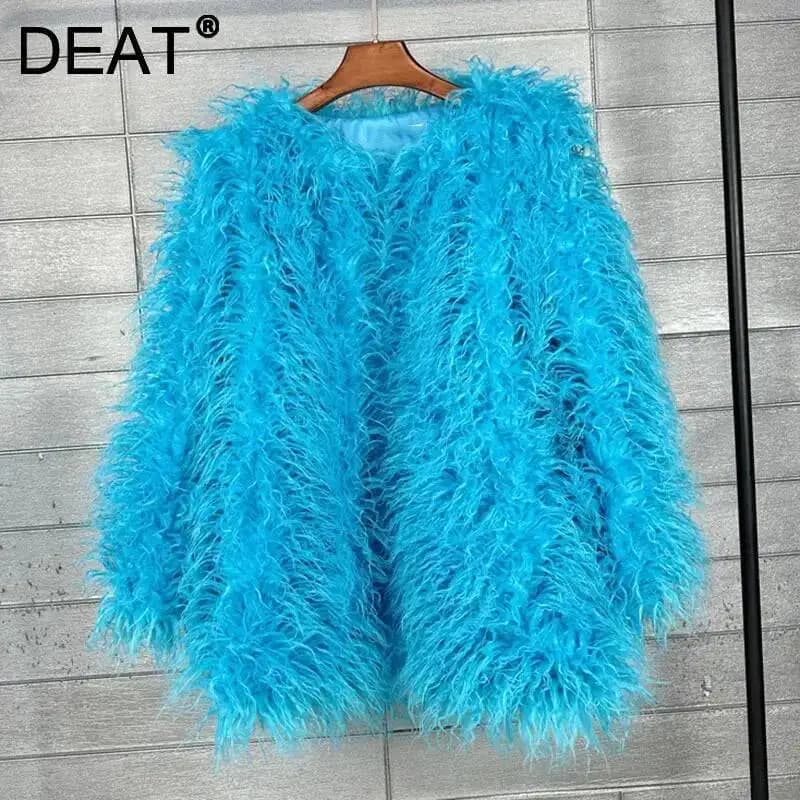 DEAT 2026 Winter Winter Fashion Imitation Fur Coat For Women Loose Solid Color O-neck Long Sleeve Warm Jacket Female 11A06488