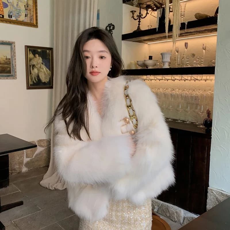 Chic White Women Faux Fur Jacket Pearl Button Coat Collarless Long Sleeve Cropped Loose Luxury Cozy Winter Outerwear Top