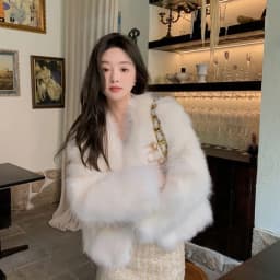 Chic White Women Faux Fur Jacket Pearl Button Coat Collarless Long Sleeve Cropped Loose Luxury Cozy Winter Outerwear Top