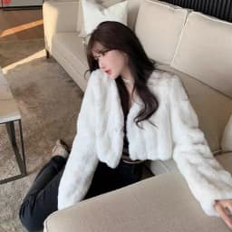Chic V Neck Cropped Faux Rabbit Fur Jacket Women Elegant Single Button Plush Coats Woman Autumn Winter Fluffy Fleece Outerwear